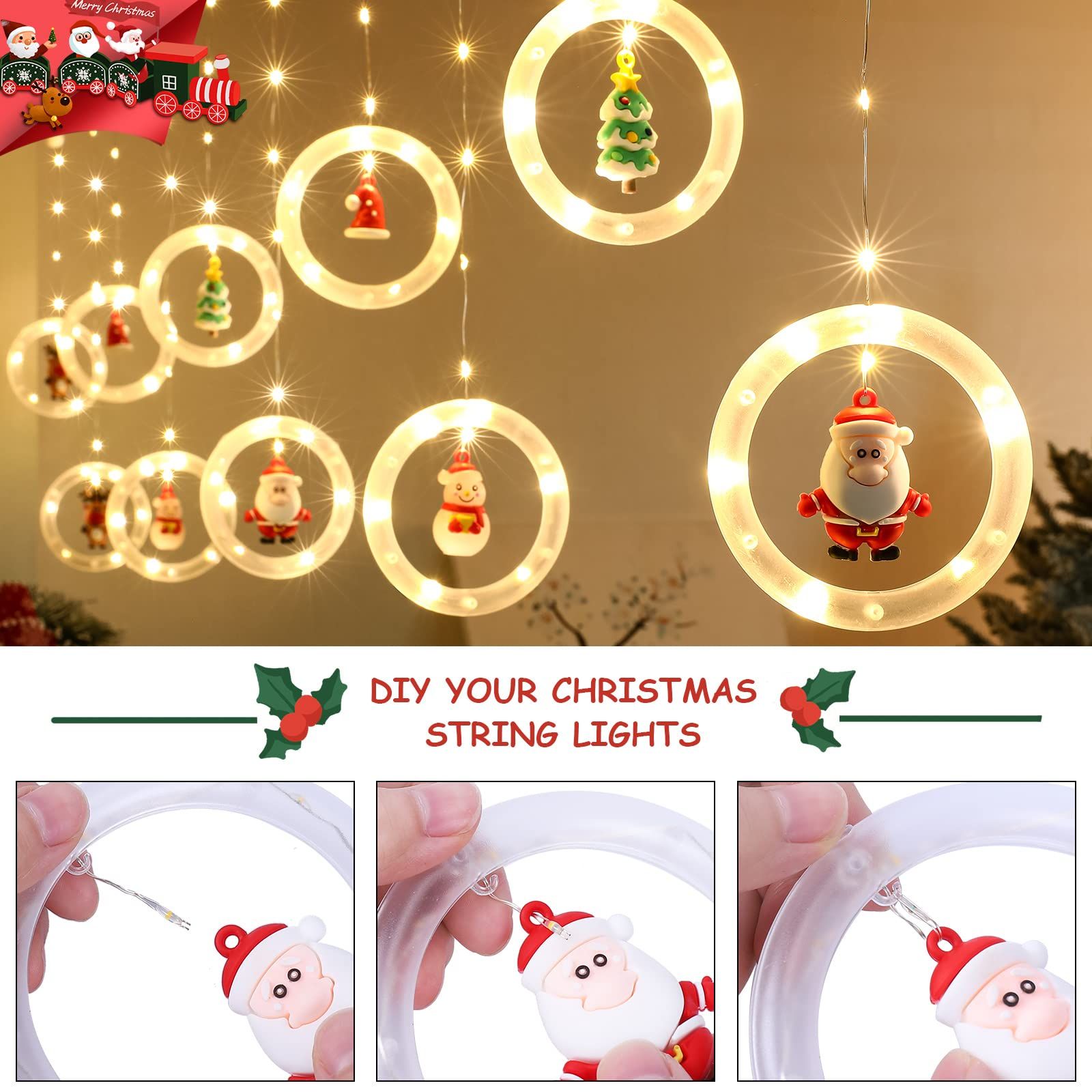 Window Lights Christmas Decor Ring Lights with Ornament LED Curtain Lights Indoor Outdoor USB White Christmas String โ image 3