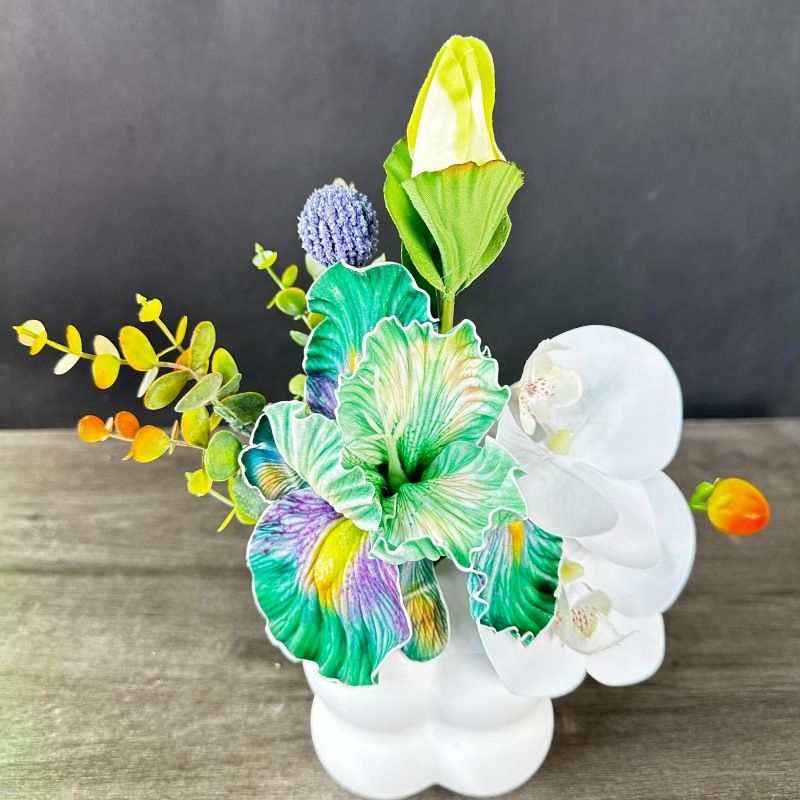 Simulated iris potted plant, floral artistry vibrant and colorful, pumpkin planter round and versatile, no maintenance ready to display upon opening, brightens โ image 6