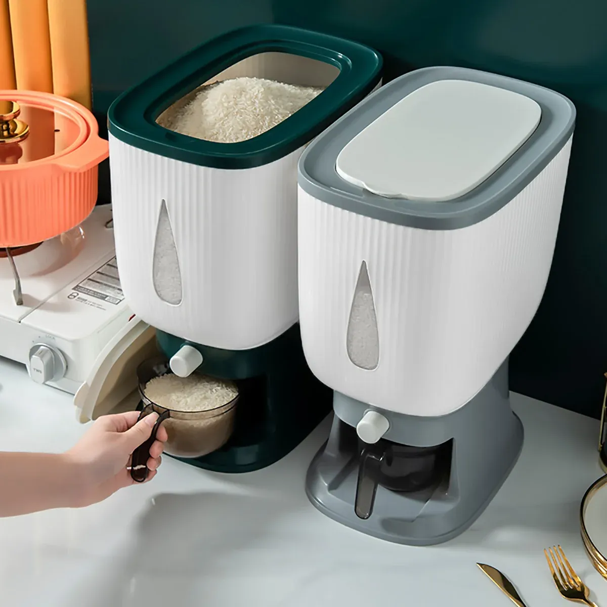 10kg Rice Storage Bucket Household Metering Rice Container Large Capacity - Green โ image 6