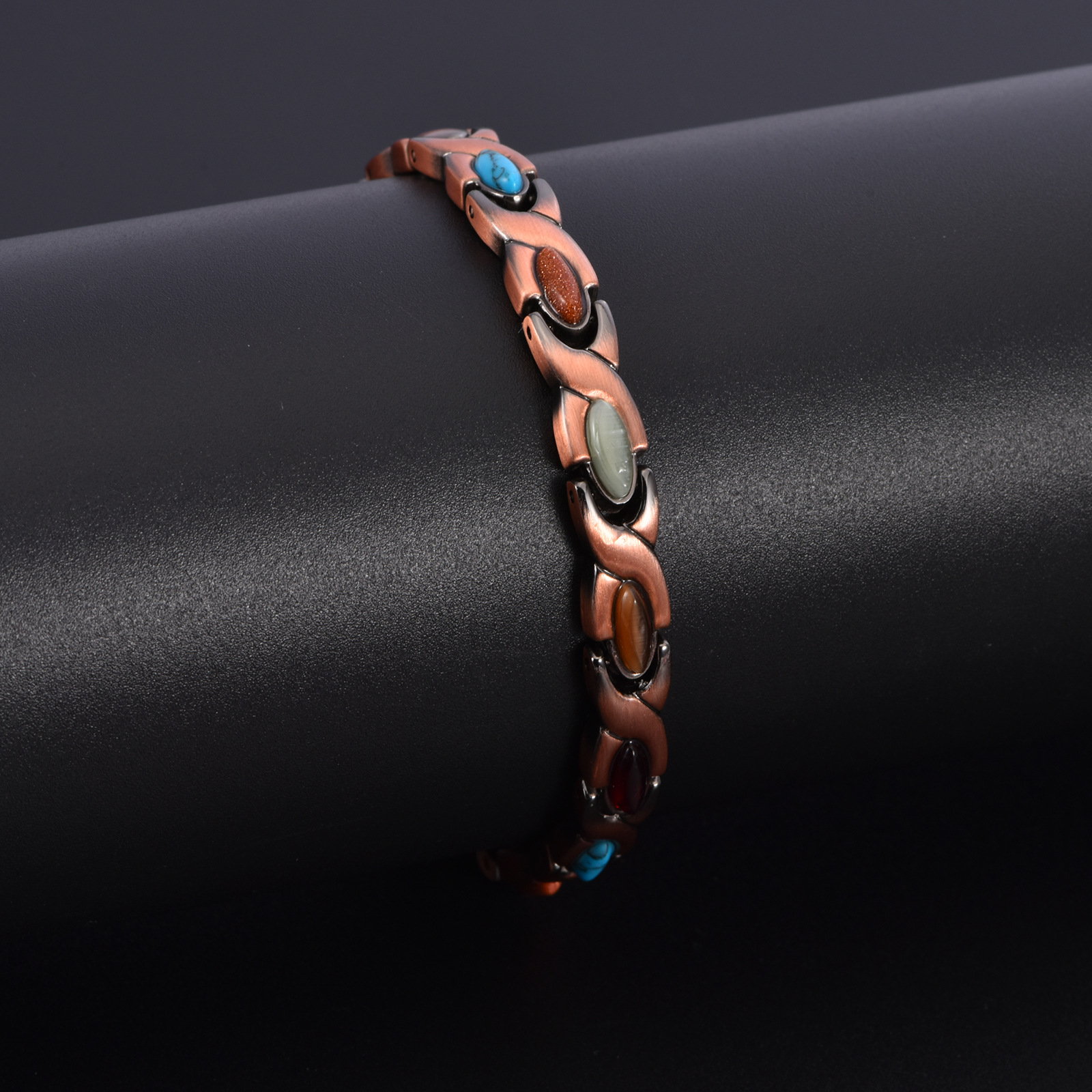 Vintage Copper Tone Magnetic Bracelet Unisex Fish Link Chain with Colourful Stones 19.5cm Bangle for Men and Women Jewellery Gift — image 5