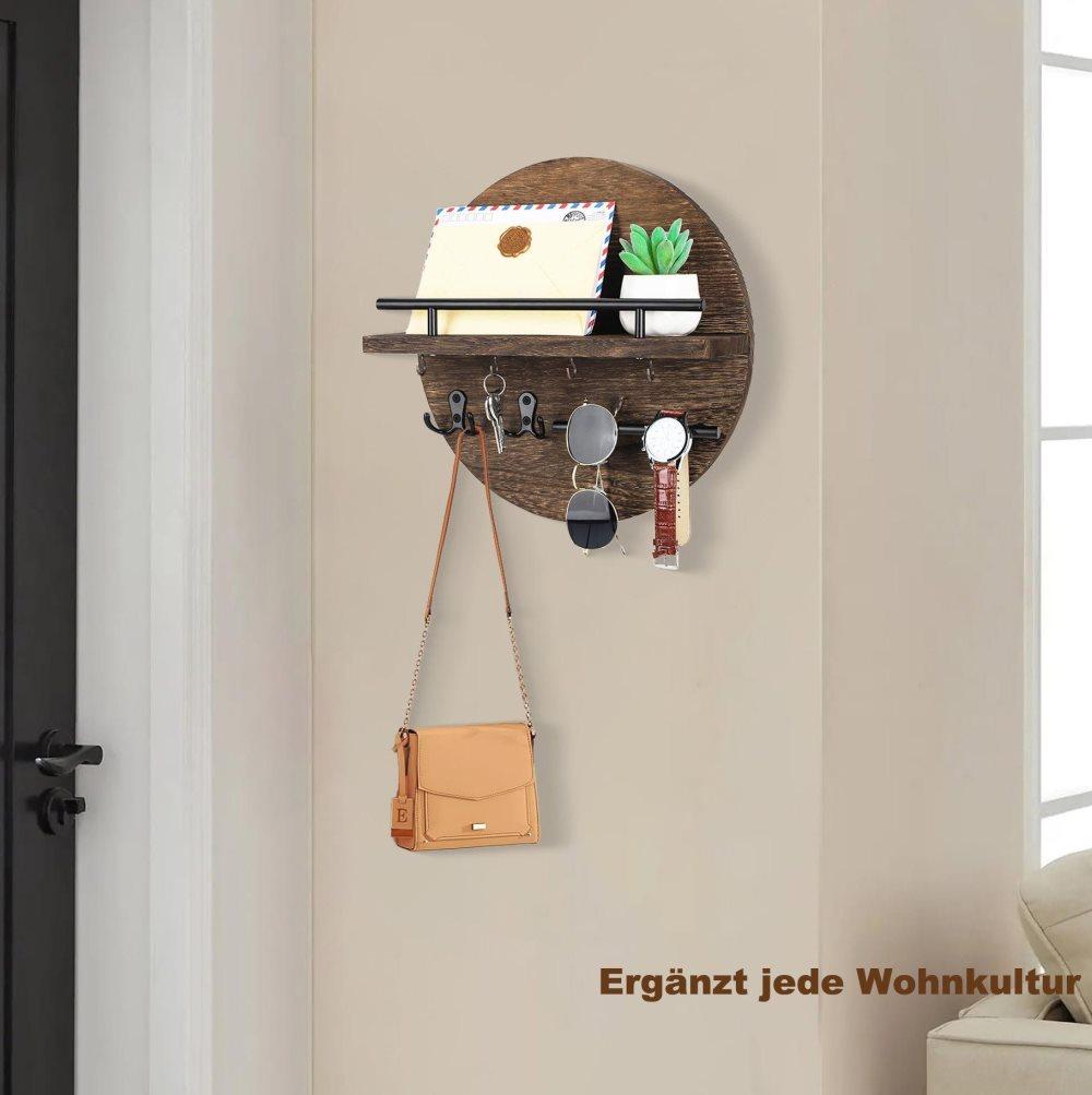 Wooden Key Holder with Storage Tray and Hooks for Hallway Corridor Bedroom Office, Brown — image 5