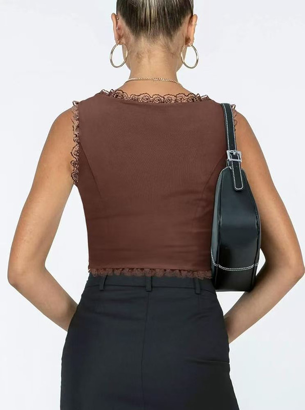 2-Pack Brown French Vintage Lace Splice Camisole(XL Size) - Slim Fit Halter Top with Back Detail and Button Placket โ image 2