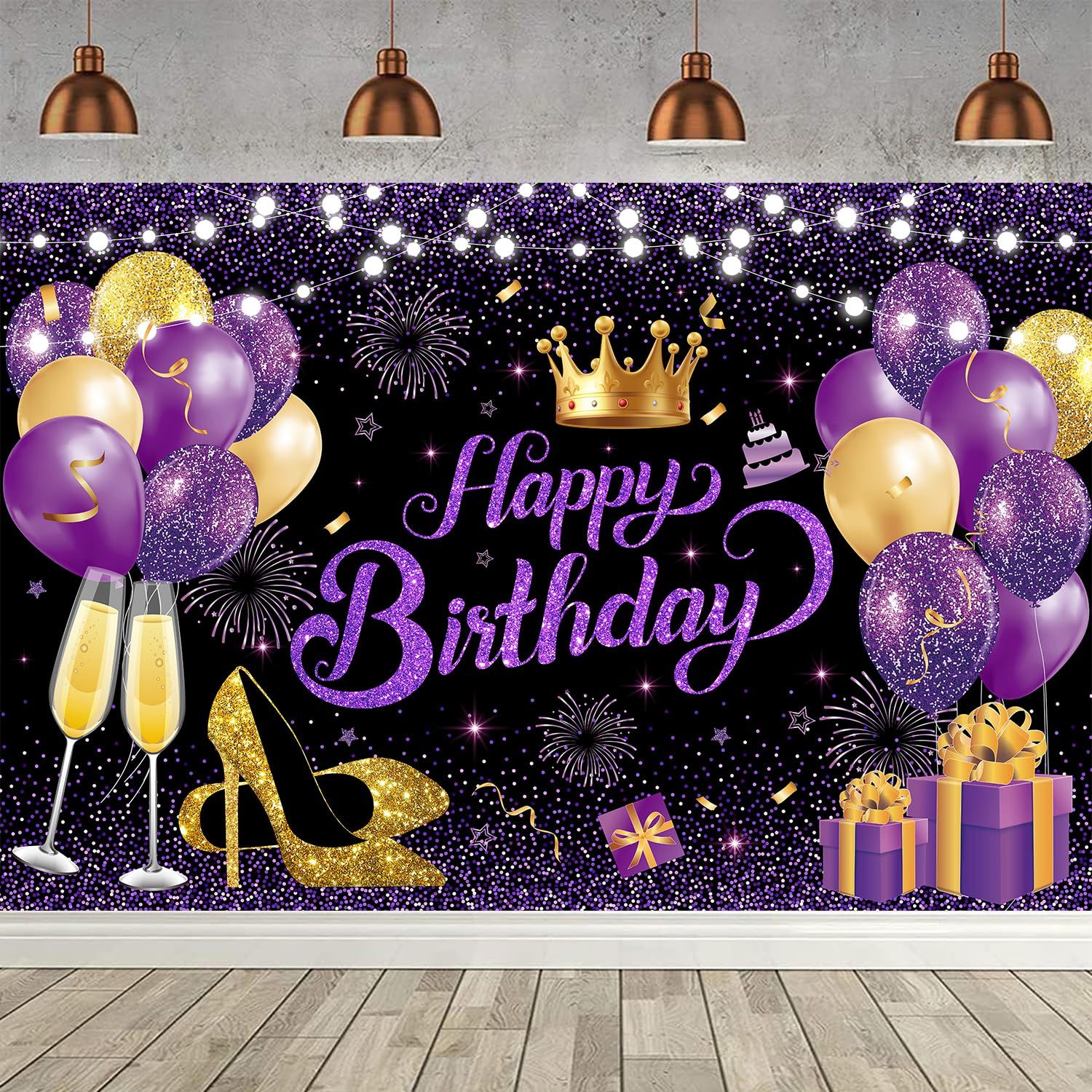 180x110 cm Black Purple Gold Happy Birthday Party Backdrops Cloth 71x43 in. Birthday Celebration Photography Backgrounds Glitter — image 4