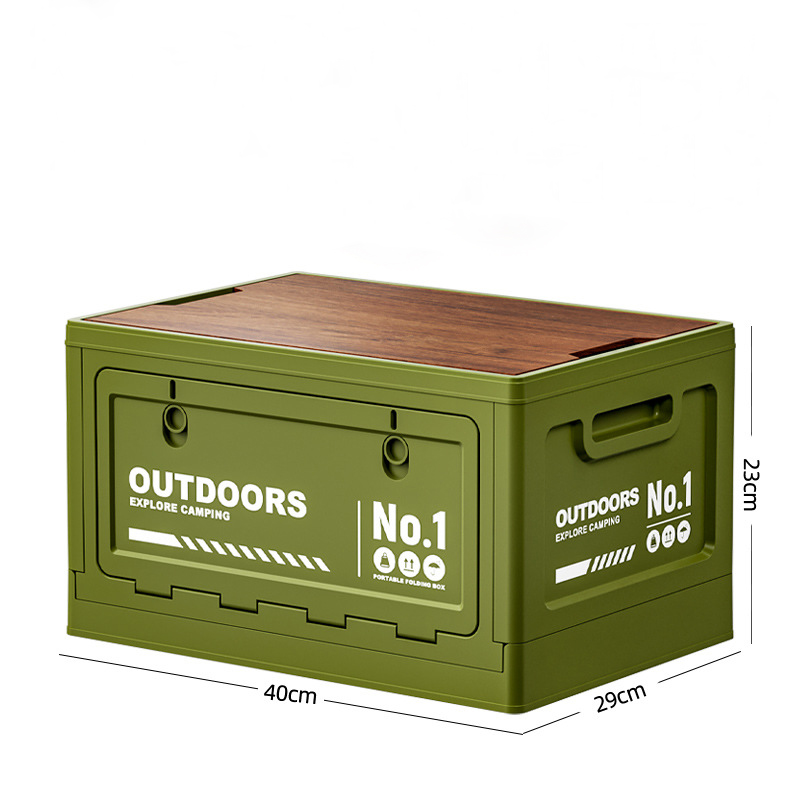 40cm Green Multifunctional Foldable Storage Box with Wooden Lid - Collapsible Outdoor Camping Crate, Stackable Home Organizer with Side-Opening Doors for Car