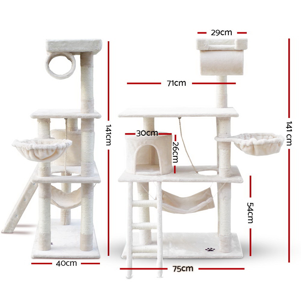 i.Pet Cat Tree 141cm Tower Scratching Post Scratcher Condo Wood House Bed Beige — image 2