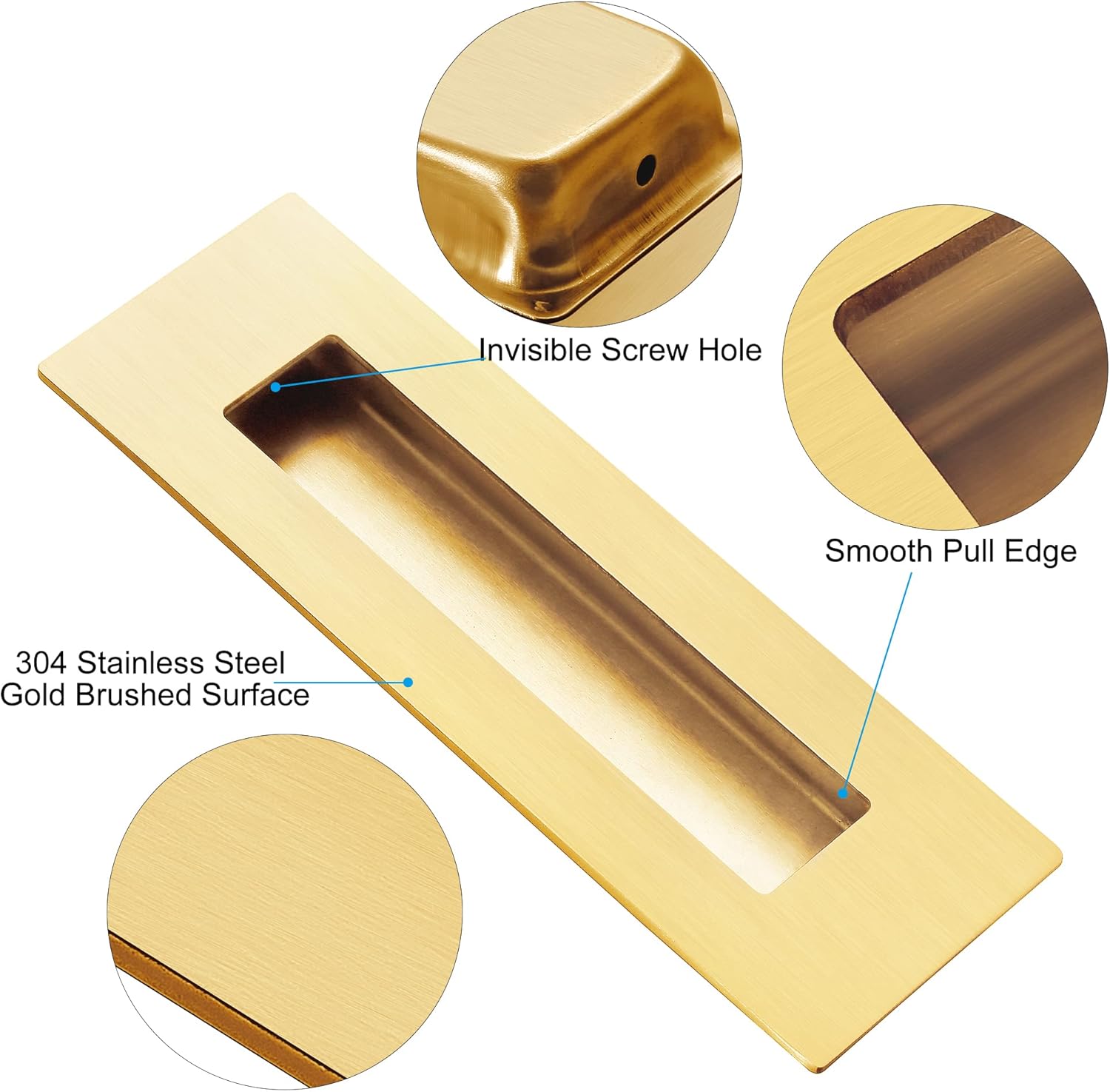 Recessed Finger Flush Pulls for Pocket, Sliding Barn Door - Brushed Gold Stainless Steel Rectangular Door Pulls (2 Pack) 6 Inch — image 3