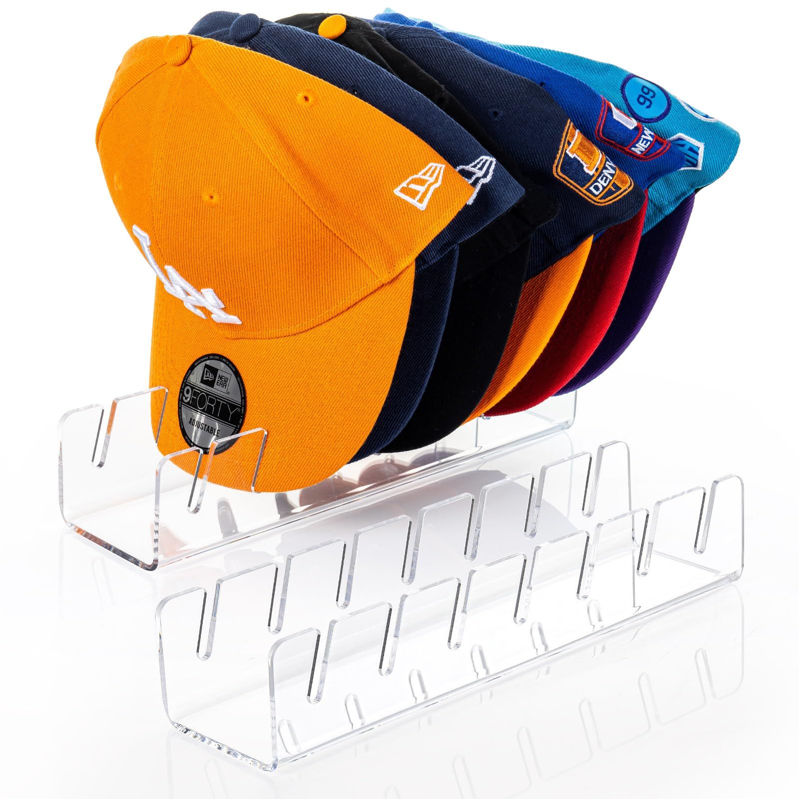 Hat Stand for Baseball Caps Display and Organizer - 2 Pack, No Install Acrylic Hat Holder for 14 Baseball Caps for Bedroom(Clear)