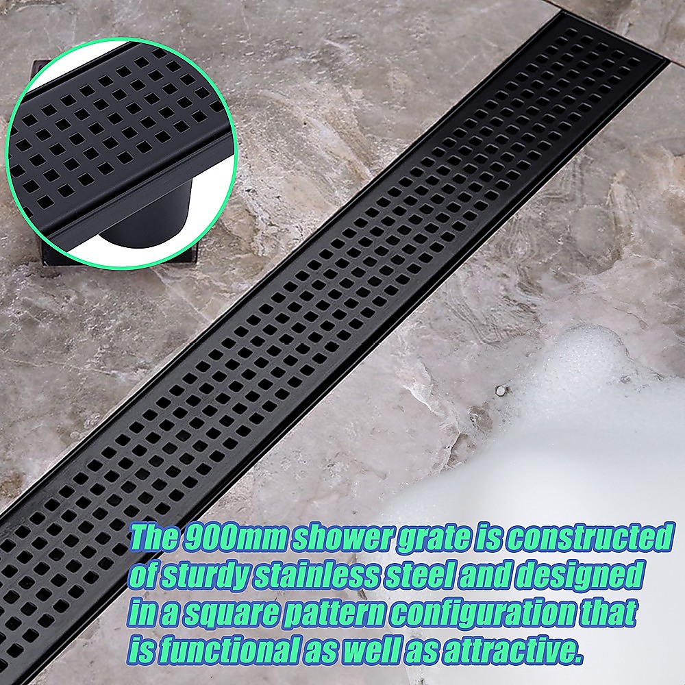 900mm Bathroom Shower Black Grate Drain w/Centre outlet Floor Waste Square Pattern โ image 5