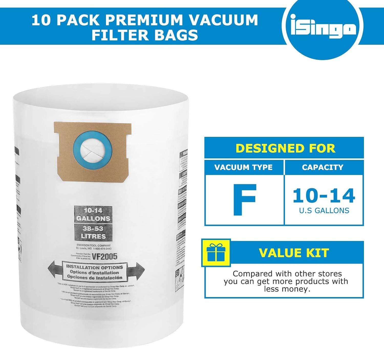 10 PCS Vacuum Bags Replacement or Shop Vac Bags 10-14 Gallon,Type 90662 9066200 9066233; Type I 90672 9067200 9067233; V2005, High Eiciency Disposable ine Dust — image 2