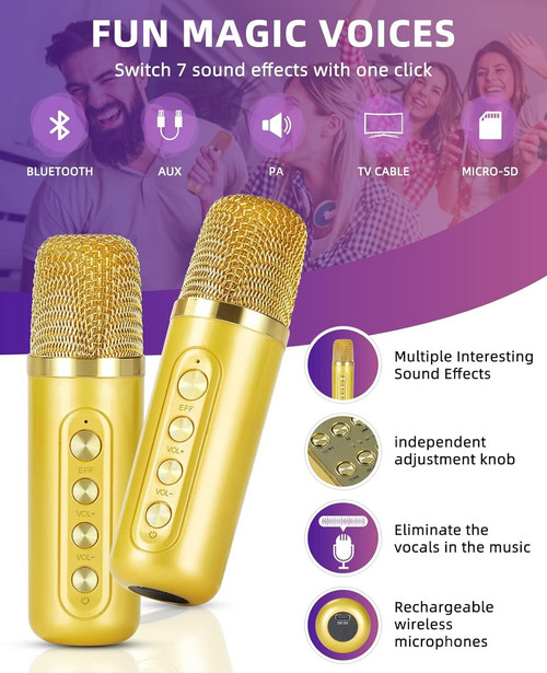 Gold Karaoke Machine with 2 Wireless Microphones Bluetooth-Compatible 5.0 for Parties — image 2