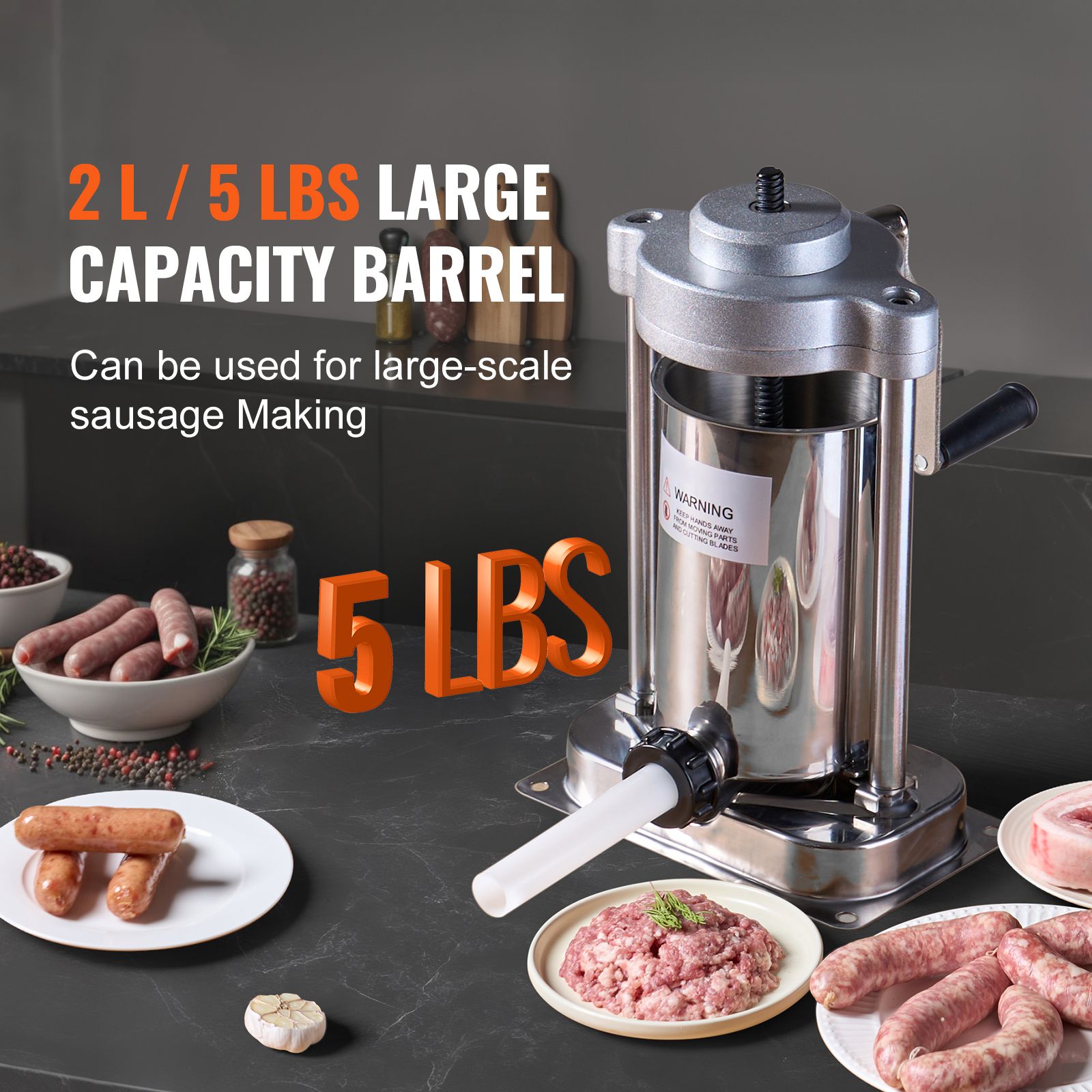 Manual Sausage Stuffer, 2 L / 5 LBS Vertical Sausage Machine with G-type Clamp, Food-Grade 304 Stainless Steel Barrel with 2 Stuffing Tubes, for Home Kitchen — image 2