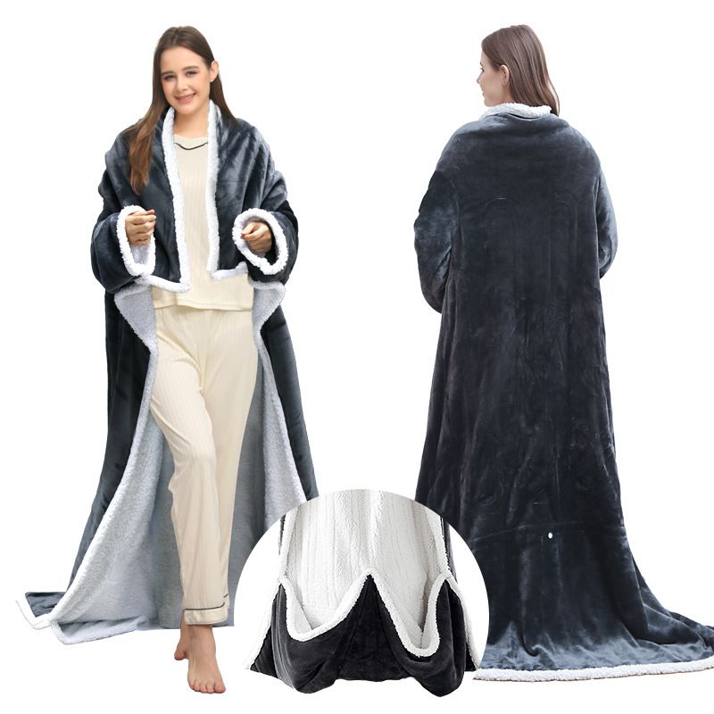 Wearable Electric Heated Blanket with Foot Pocket 127x177cm and Suede Fleece Slippers Set AU 9-10, Winter Warm Home Comfort Bundle — image 2