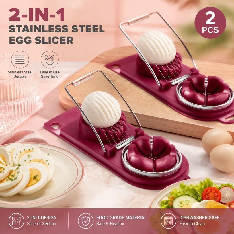 Red 2-in-1 Stainless Steel Egg Slicer 2Pcs Time Saving Kitchen Prep Tool
