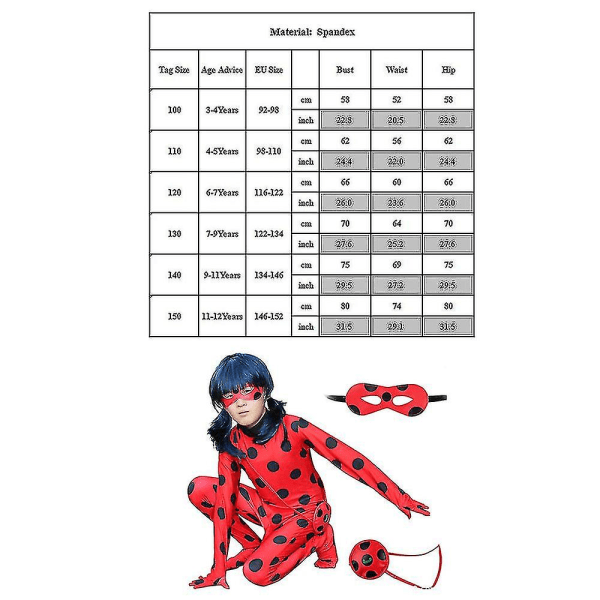 Bimirth Kids Girls Ladybug Cosplay Set Halloween Party Jumpsuit Costume with Blindfold, Wig, Bag 140 (130-140cm)_tfrf 140 (130-140cm) — image 5