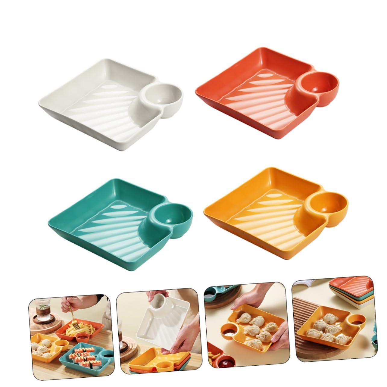 4pcs Snack Plate Shrimp Plate with Sauce Glass Bowls Dumpling Serving Dishes Breakfast Plates Compartment Plates Dumpling