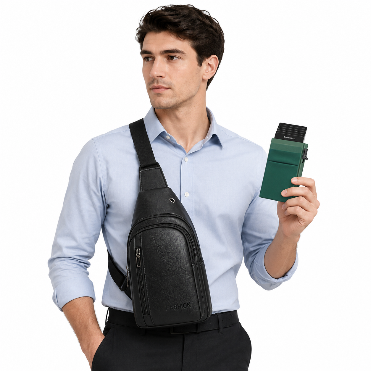 Office Commuter Business Set-Black Men's PU Leather Chest Bag and Green RFID Blocking Aluminum Wallet - Waterproof Crossbody Sling Bag with Multi