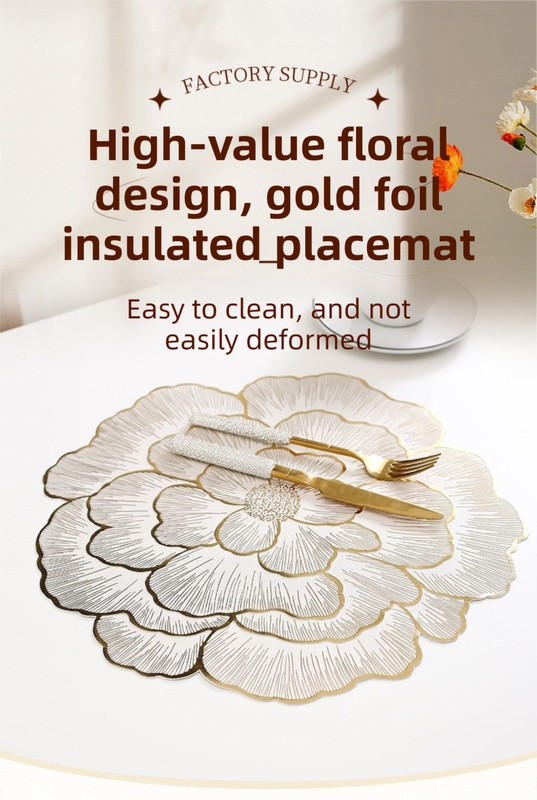 4-Pack Gold Luxury Bronzing Floral Heat-Insulated Placemats - Lotus Style Anti-Slip & Waterproof PVC Table Mats(38x38CM) — image 2
