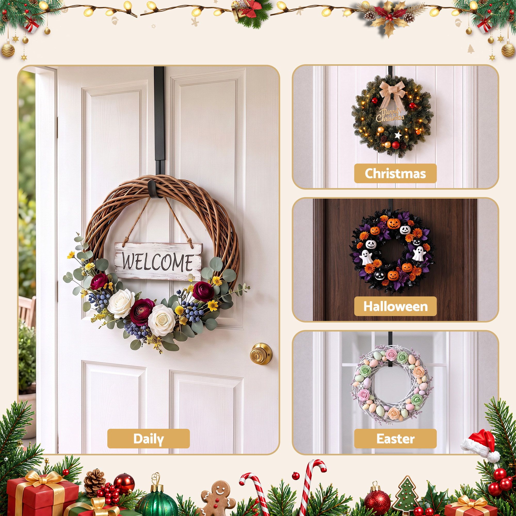 Jingle Jollys Christmas Wreath Hanger Metal Door Hook Height Adjustable โ image 6