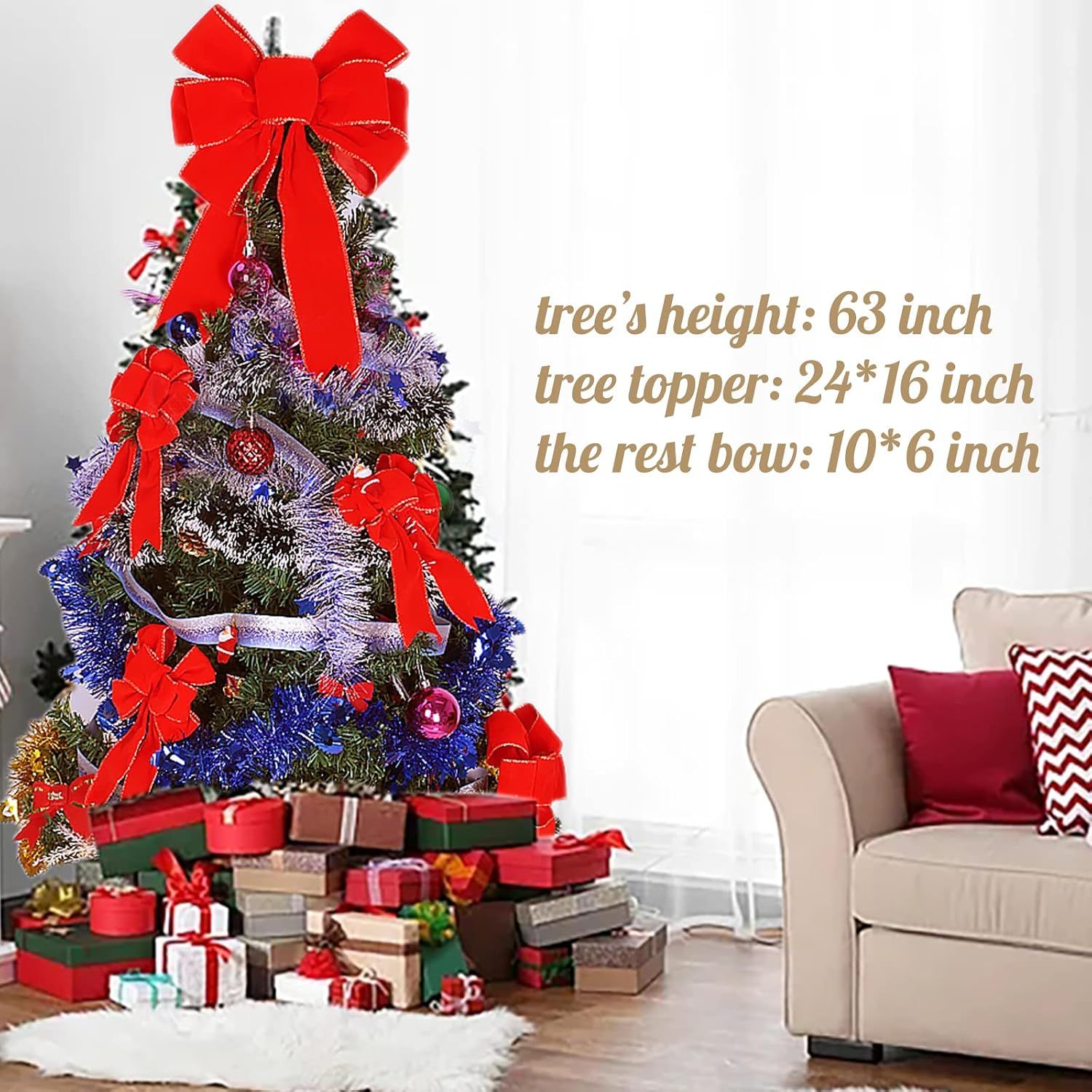 2 Packs Red Christmas Bows Decorations Big Velvet Bow with Wired Gold Border for Tree Topper, Wreaths, Outdoor, Garland, Outside (16 * 24 inch) — image 4