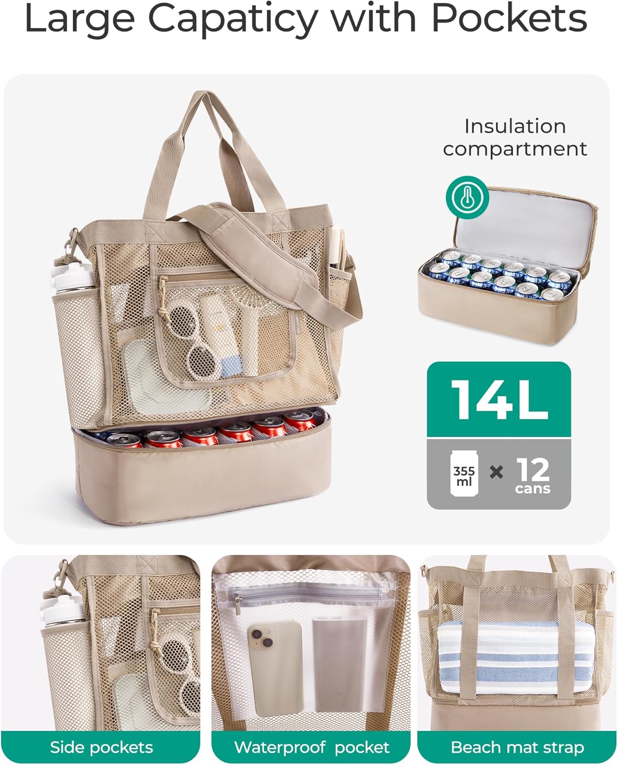 Beach Bag for Women, Mesh Tote Bags with Zipper, Sandproof Vacation Essentials with Cooler for Swim Cruise Pool โ image 4