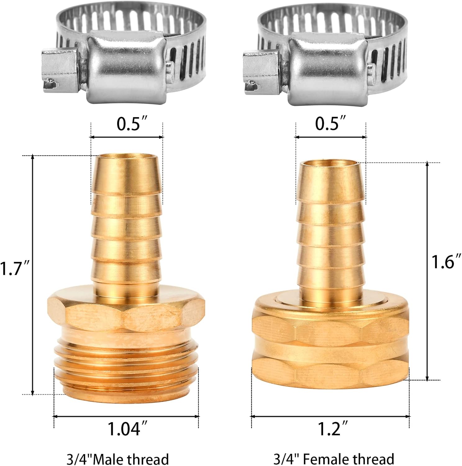 Brass Garden Hose Connector Repair Mender Kit with Stainless Clamp,Fits 1/2" Water Hose Fitting,3 Sets(1/2" Barb x 3/4" GHT) โ image 2
