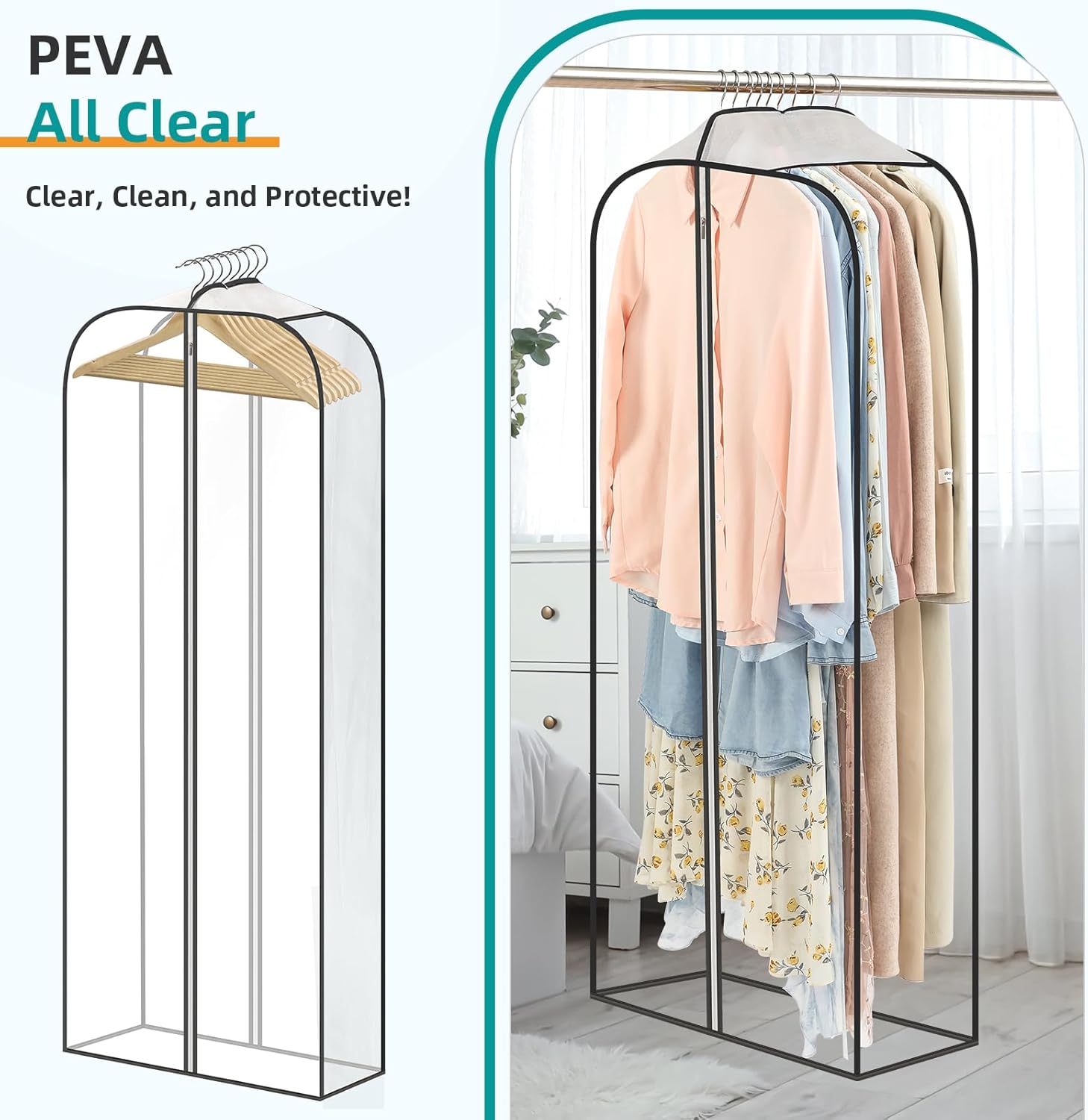 LANDNEOO 6 Pack Clear Garment Bags for Hanging Clothes with Zippers on Double Sides - 10'' Clothes Storage for Coat, Dress, and Fur in Closet - 32&40&60" Long — image 3