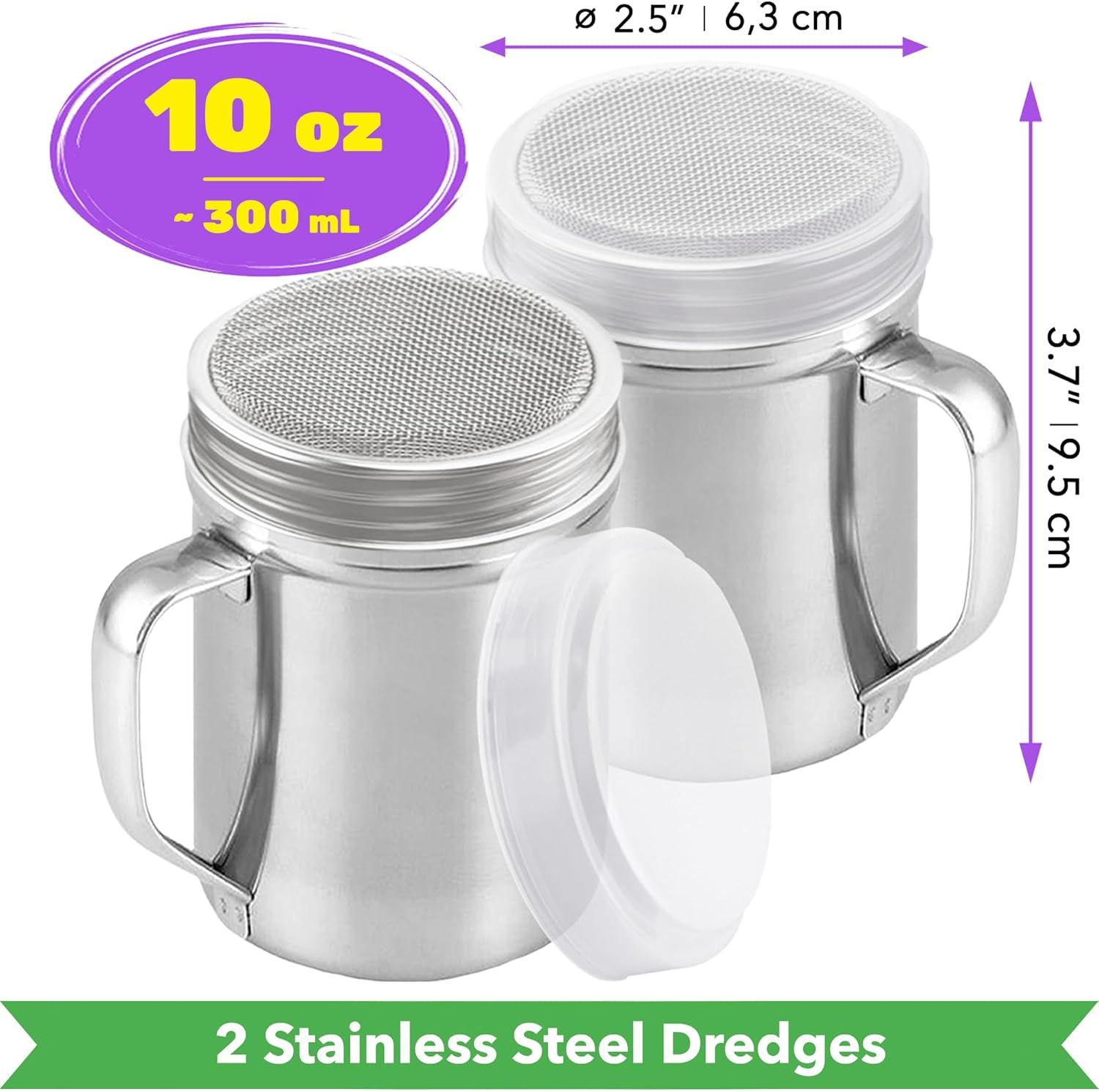 [2-pack] 10oz Metal Cheese Shaker with Large Holes, [2-pack] 10oz Powdered Sugar Shaker with ine Mesh - With Handle and Lids — image 3