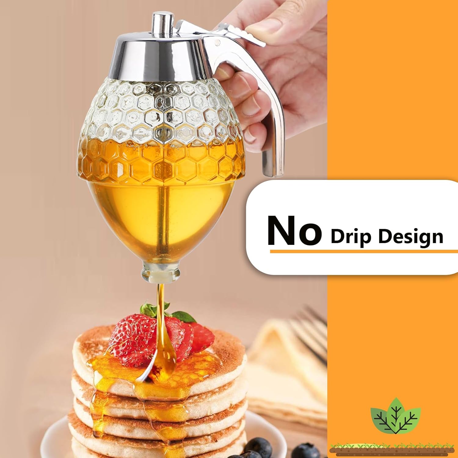 Honey Dispenser, Glass Honey Dispenser No Drip, Honey Pot with Stand, 8 oz Honey Jar, Maple Syrup Honey Container, Elegant Honeycomb Design for Home Decor for โ image 2