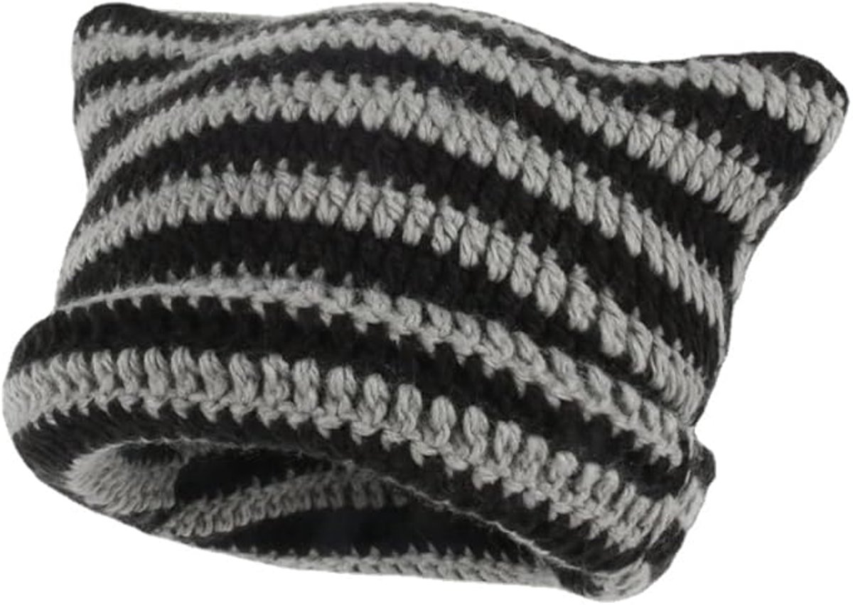 Fairy-like retro knitted hat, cat hat, striped loose crochet hat, warm knitted alternative headwear accessory for winter