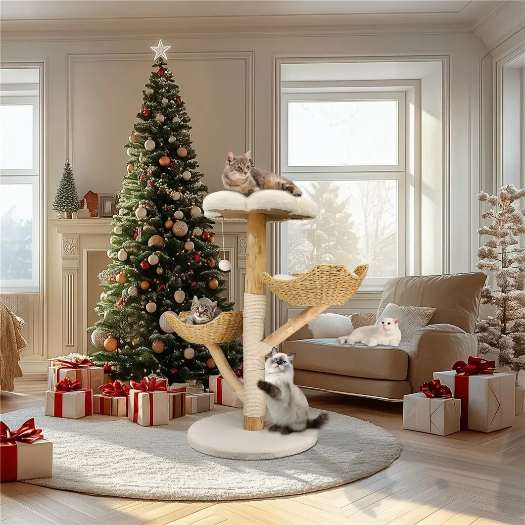 Extra Large Black Cat Tree Tower with Real Wood and Wicker Basket, 60x111cm โ image 2