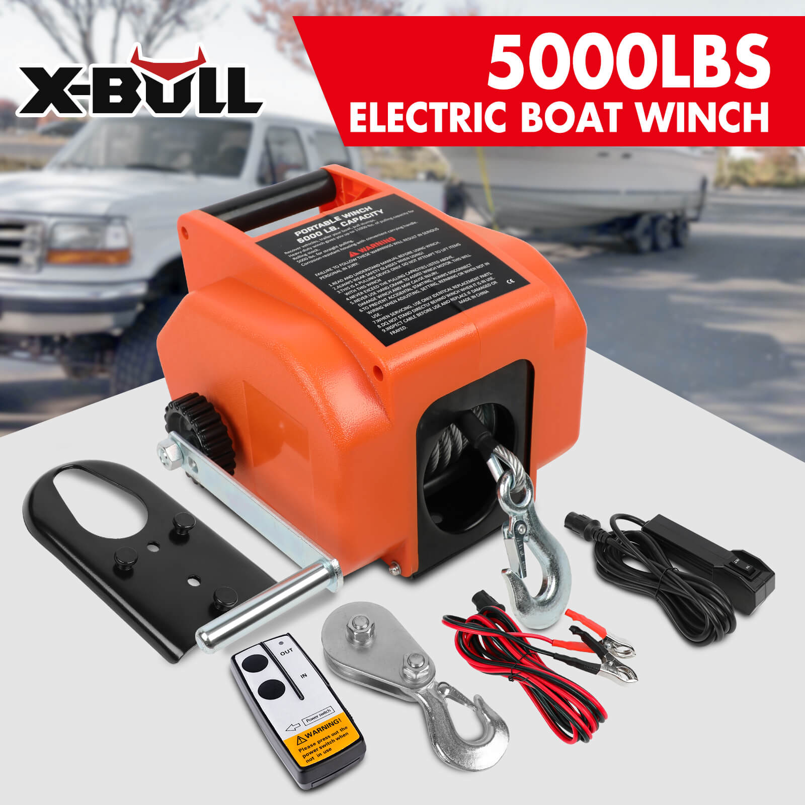 X-BULL 12V Electric Boat Winch 5000LBS Portable Wireless Remote Trailer Winch Steel Cable — image 2