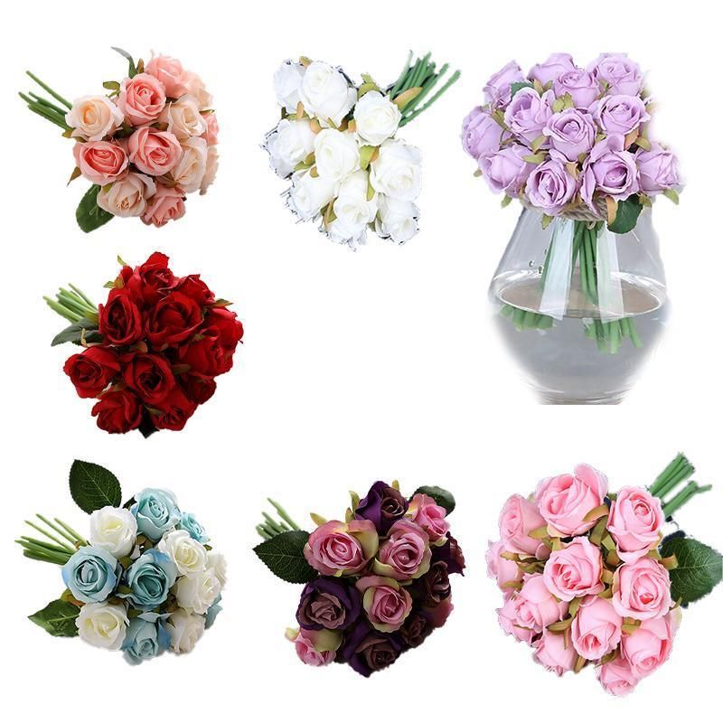 12 Heads Silk Rose Artificial Flowers Fake Bouquet - White+blue โ image 3