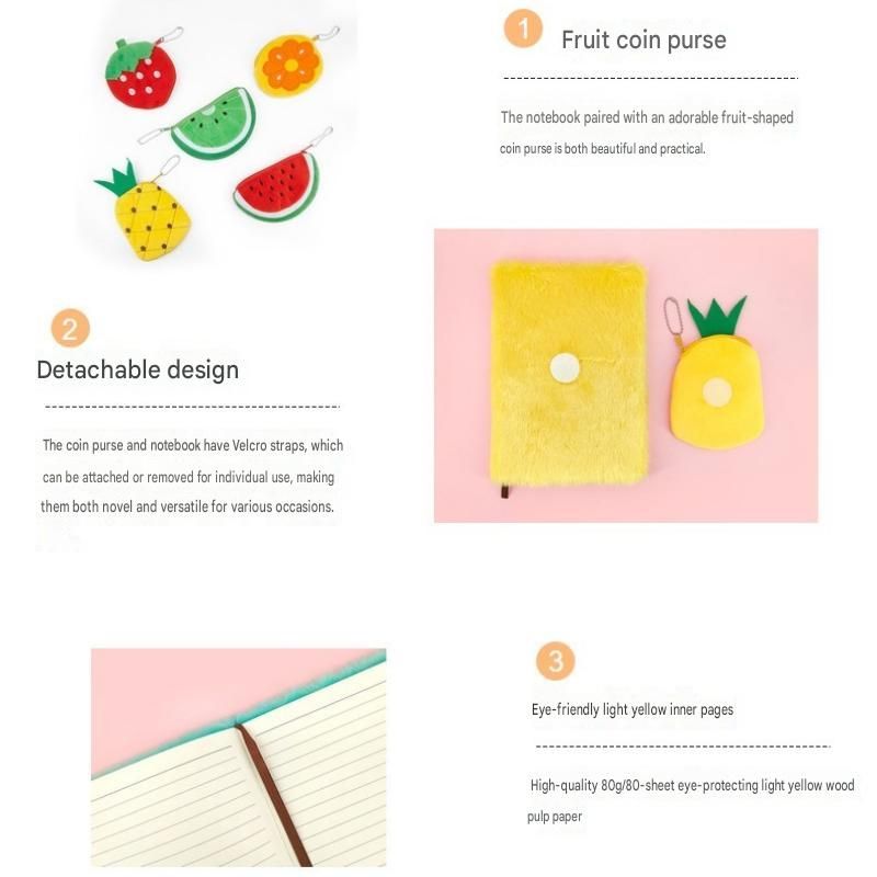 A5 Plush Fruit Notebook with detachable pineapple-shaped coin purse โ features a soft plush cover and 80 lined pages; a cute design perfect for school use or โ image 5