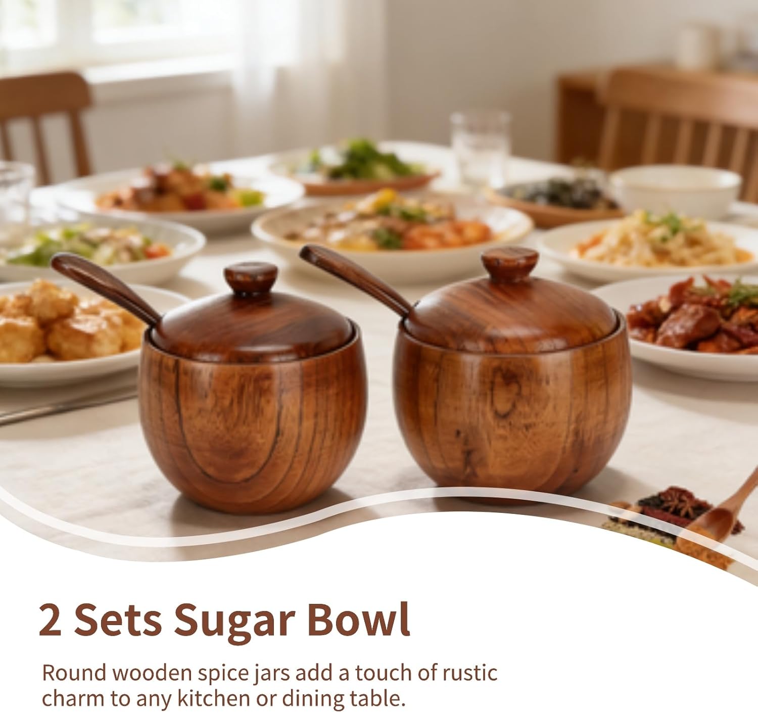 2 Pack Sugar Bowl with Lid and Spoon, Coffee Container Set Wooden Condiment Pot Decorative Storage Seasoning for Bar Table, Kitchen, Countertop โ image 3