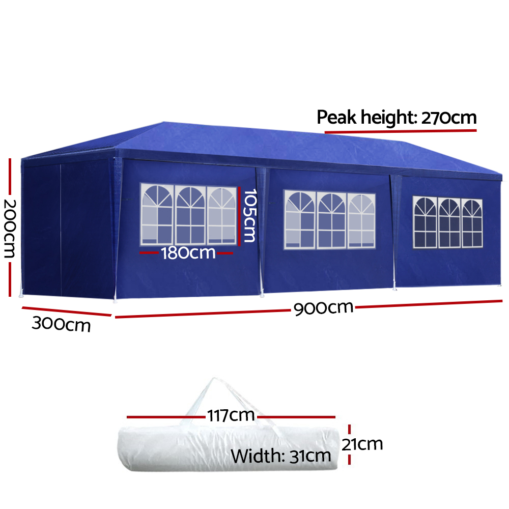 Instahut Gazebo 3x9m Marquee Wedding Party Tent Outdoor Camping Side Wall Canopy 8 Panel Blue — image 2