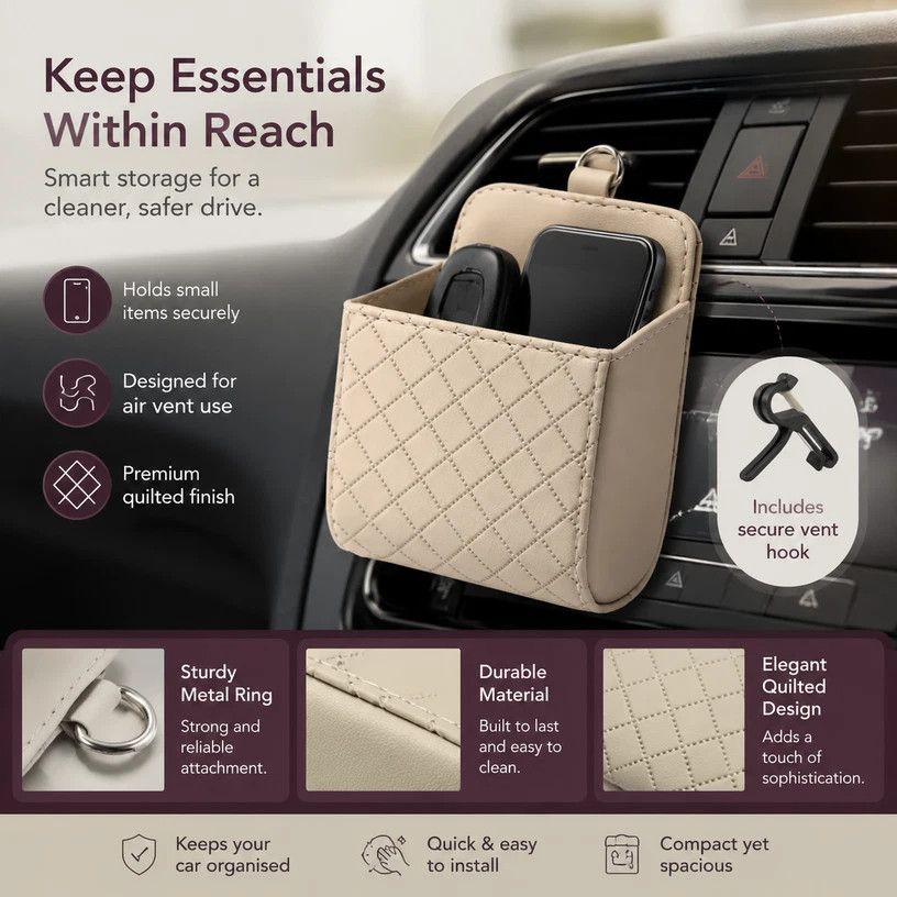 Sleek Sheepskin Car Air Outlet Storage Pouch, Universal Vehicle Sundries & Phone Holder Bag, Grey — image 2