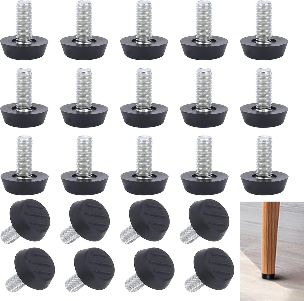 Adjustable Foot - 20 Pieces - Adjustable Feet with Felt Pads - Adjustable Foot M6 - 20mm Dia - Metal Adjustable Foot - 2.6 cm High - Furniture Coaster - Black