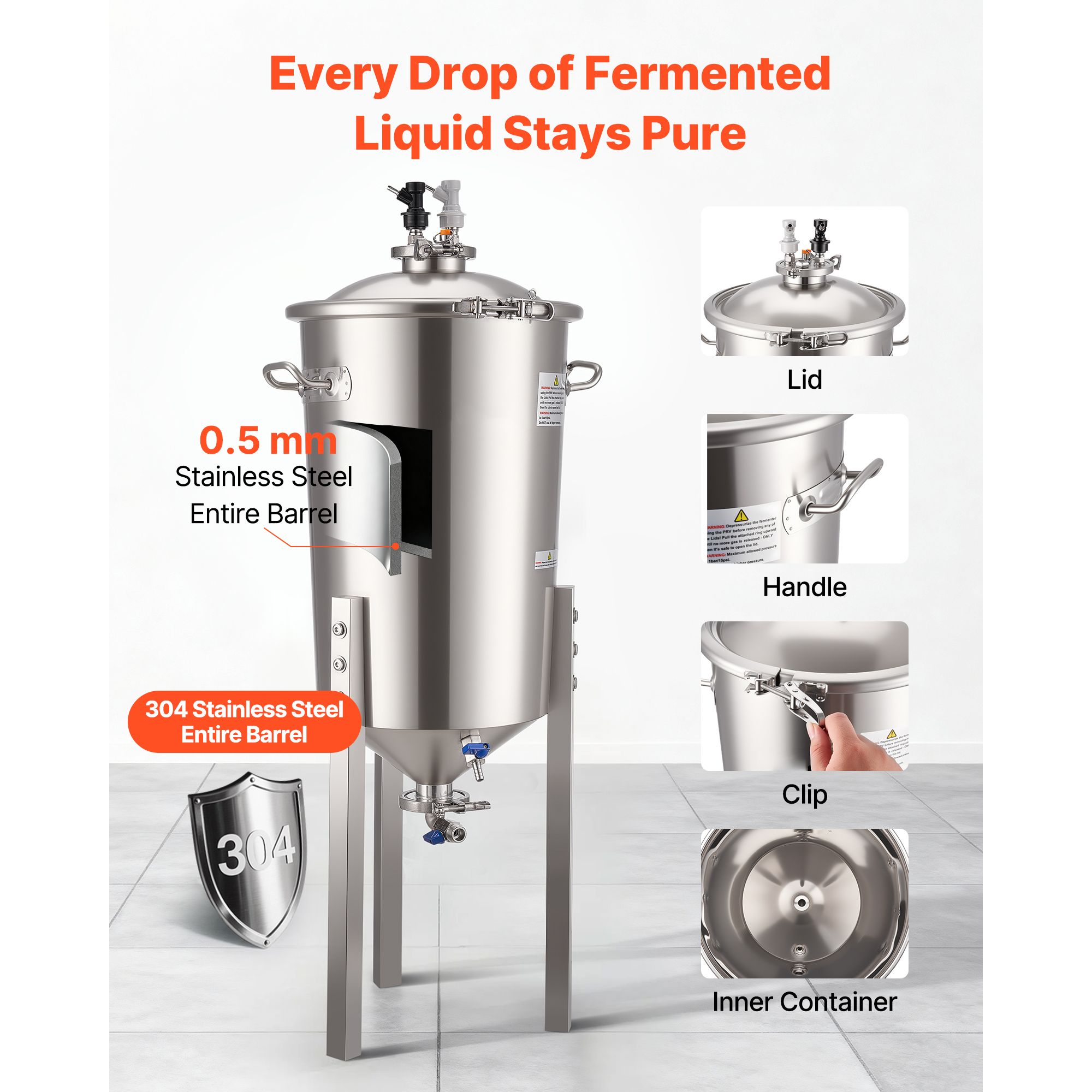 Stainless Steel Conical Fermenter, 8 Gal/30L Home Brewing Fermenation Tank, Brew Bucket Fermentor with Conical Bottom, 3 Adjustable Legs, Lid, Handle & — image 4