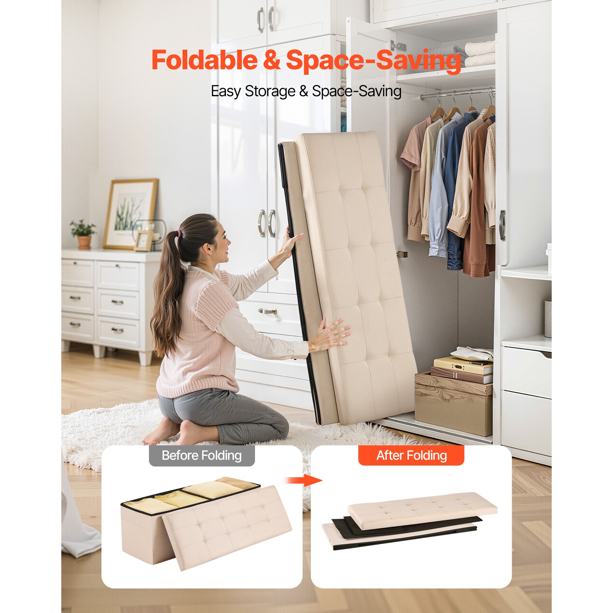 Foldable Storage Ottoman Bench, End of Bed Bench with Side Bags, Folding Upholstered Storage Chest Supports 660 lbs, Linen Bed Ottoman with Large Space for — image 4