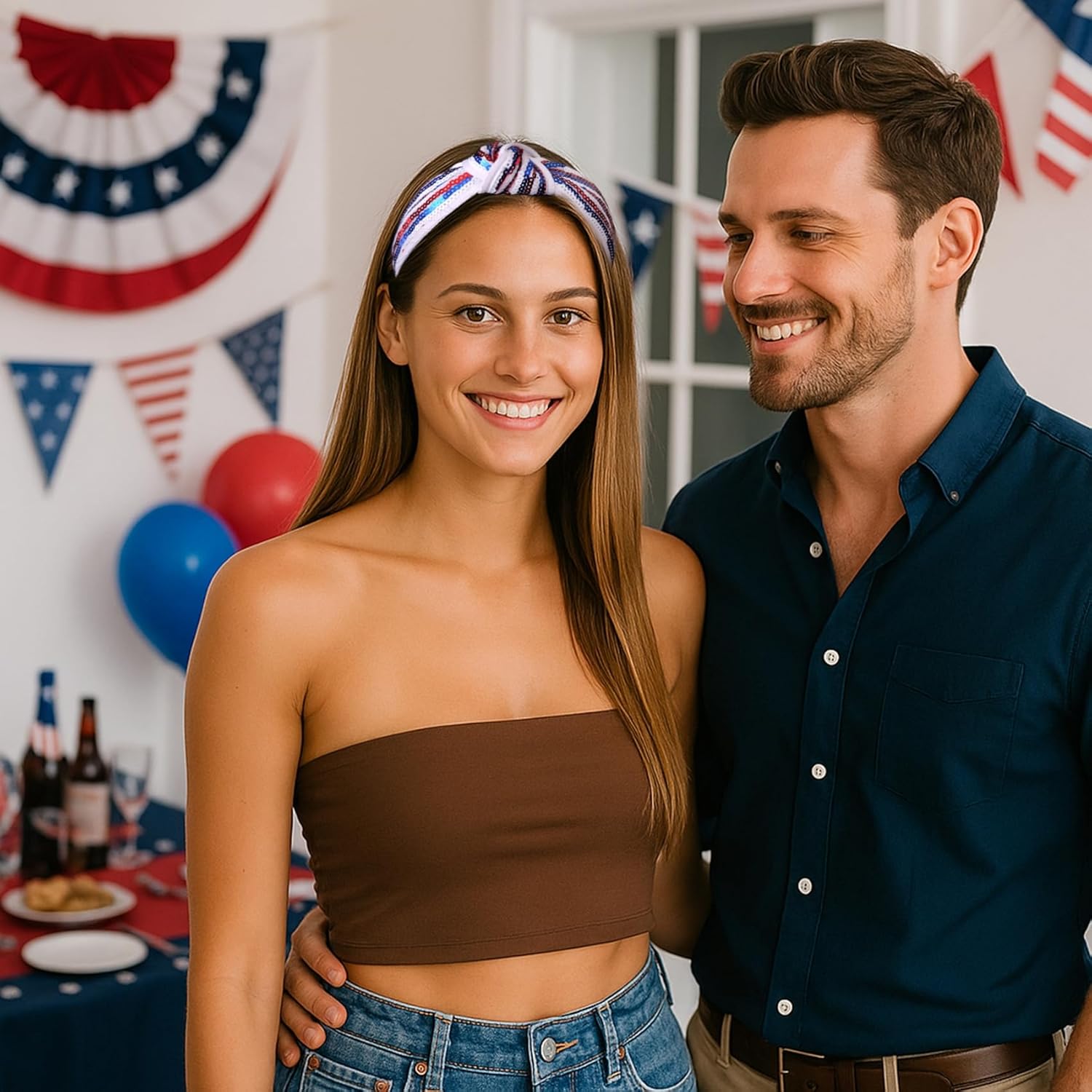 Kvekstio 4th of July Patriotic Headband for Women, Red White Blue American Flag Sequin Knotted Head Band Memorial Day Celebration Gift, Independence Day — image 4