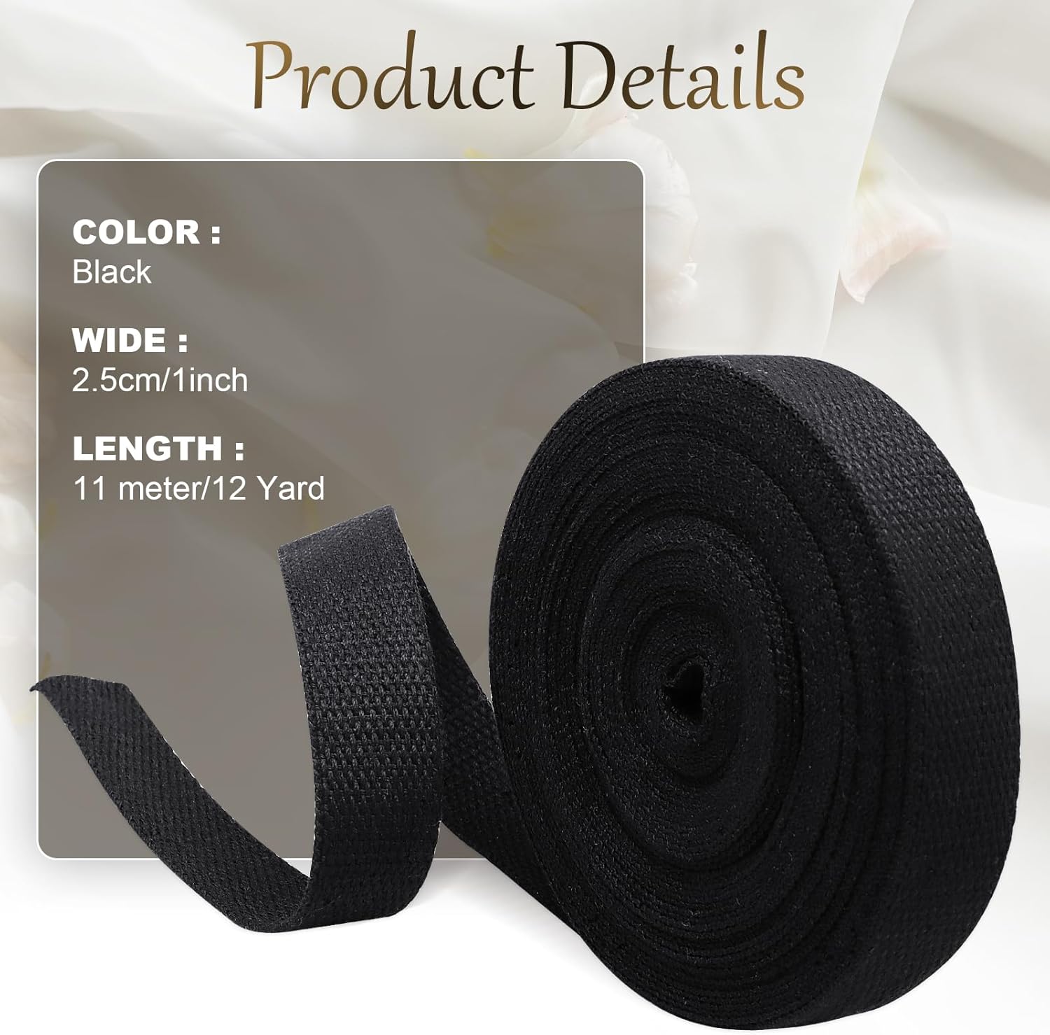 Biaungdo 1 Inch 12 Yards Cotton Webbing Straps, Black Polyester Weave Webbing for Bags Handles, Tote Bag, Purse Straps, Cloth Belt, Sewing DIY Crafts Bags — image 4
