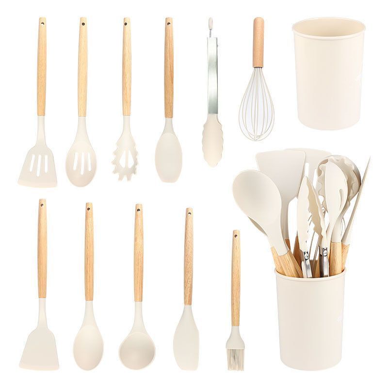 Silicone Kitchen Utensils 12‑Piece Set Off‑White,All‑in‑One Spatula Soup Spoon Cookware Kit,Safe For Non‑Stick Pan,Everyday Home Kitchen Supply,Christmas