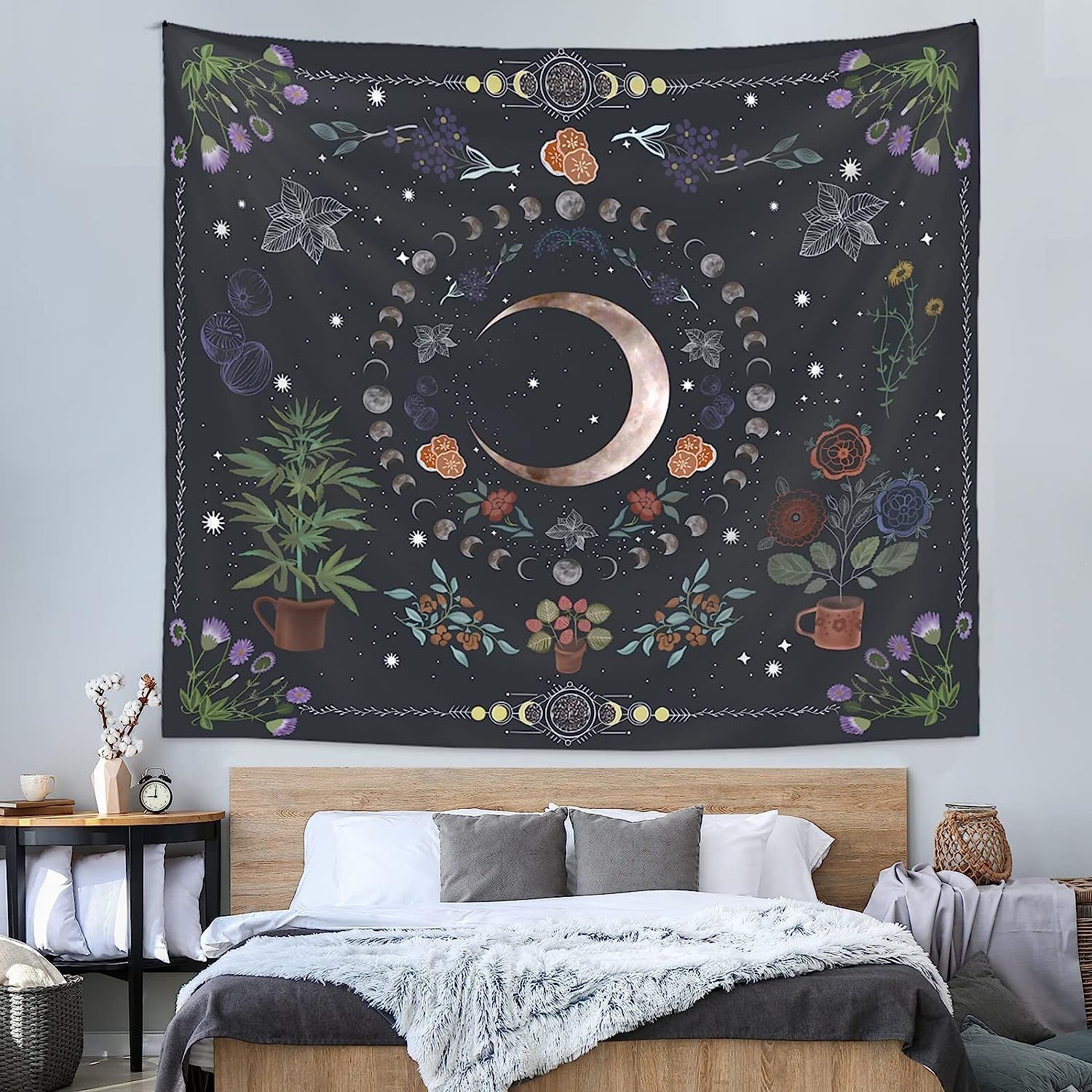 Plant Tapestry, Nature Moon Phase Tapestry Wall Hanging, Bohemian Mandala Tapestry Aesthetic Bedroom Decor โ image 3
