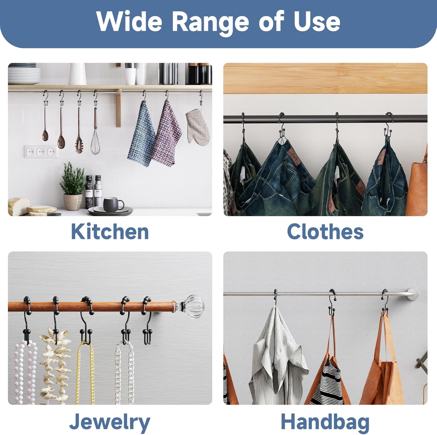 Matzwarte shower curtain hooks (12-pack) - Double hooks made of stainless steel - Hooks with smooth rolling action - Suitable for shower curtains up to 3.3 cm — image 5
