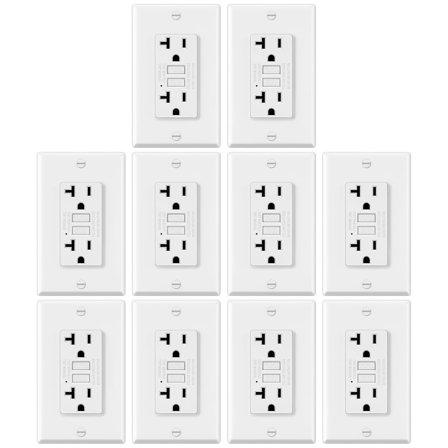 10 Pack GFCI Outlets 20 Amp, Non-Tamper Resistant, Decor GFI Receptacles with LED Indicator, Ground Fault Circuit Interrupter, Wallplate Included, ETL Listed