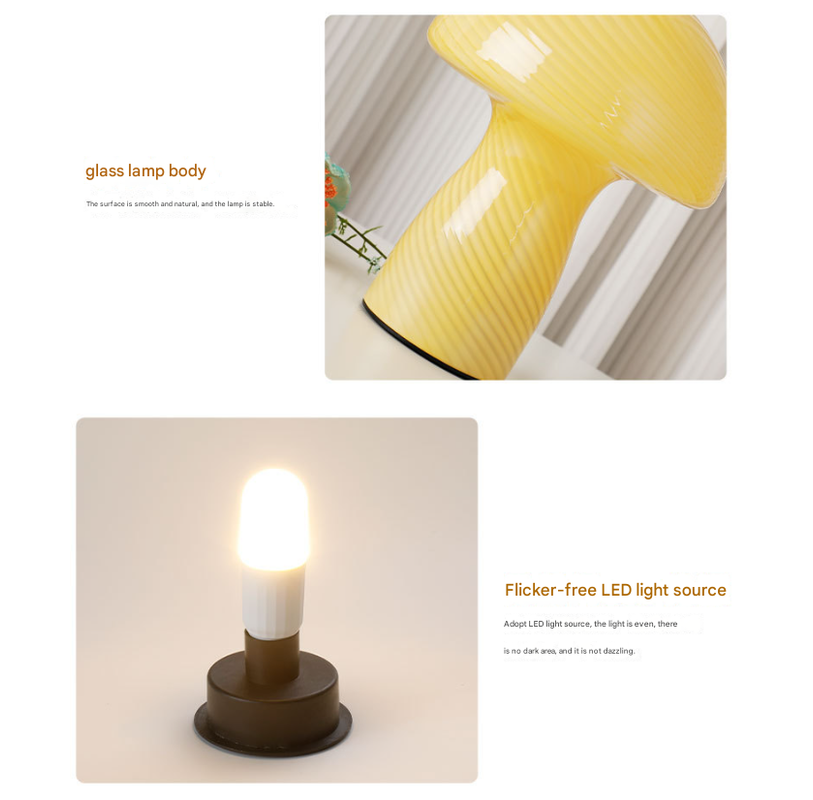 Stripe-Pure Yellow Retro Swirl Glass Mushroom Table Lamp - LED Bedside Night Light — image 5