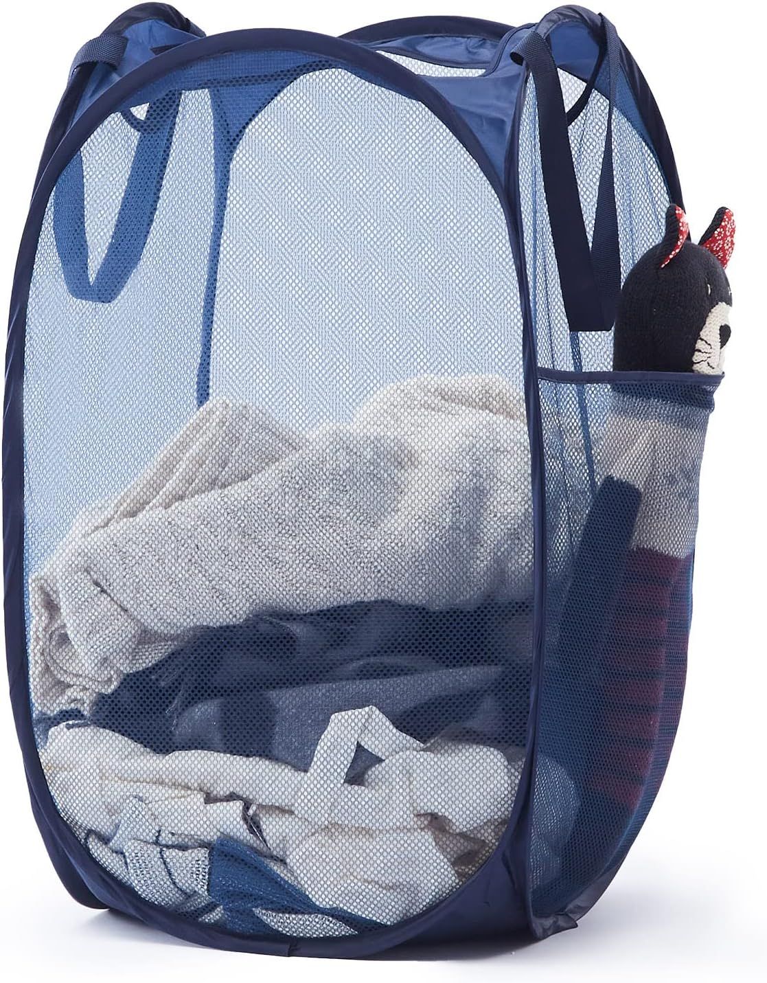 Collapsible Pop Up Laundry Basket, Hamper with Sturdy Handles and Side Pocket - Mesh Portable Foldable Dirty Clothes Hamper for Dorm, Laundry room, Bathroom