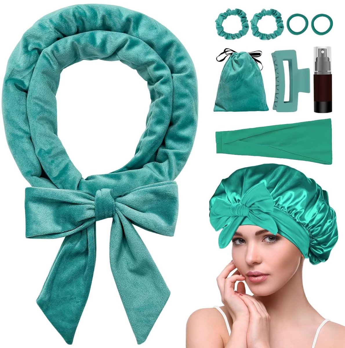 Heat-free hair curlers - Curling rollers - curling set - Blow-dry effect without heat overnight - Soft cap and sleepy bow design - Comfortable curls while you