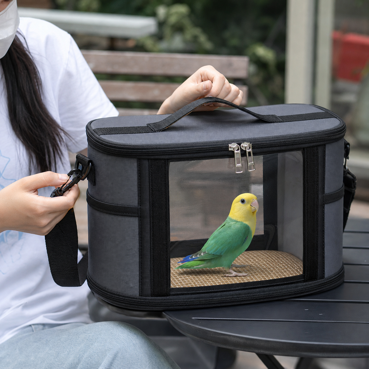 Small Animal Travel Carrier Bag - Grey Small Nylon and Plastic Portable Pet Carrier with Shoulder Strap and Carry Handle for Parrots, Hamsters, Guinea Pigs and — image 5