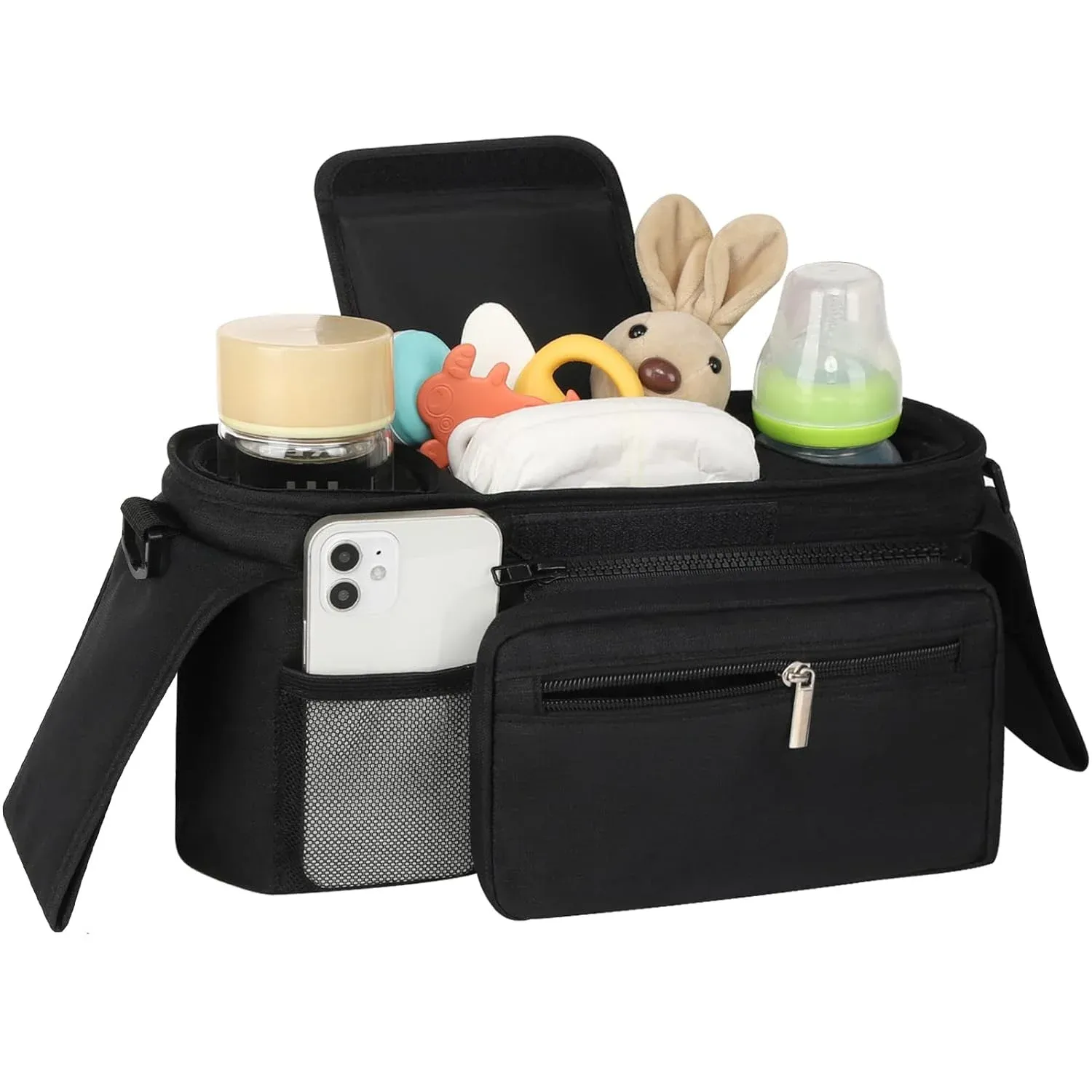 Universal Stroller Organizer, Insulated Cup Holders Detachable Phone Bag Large Storage, Black โ image 3